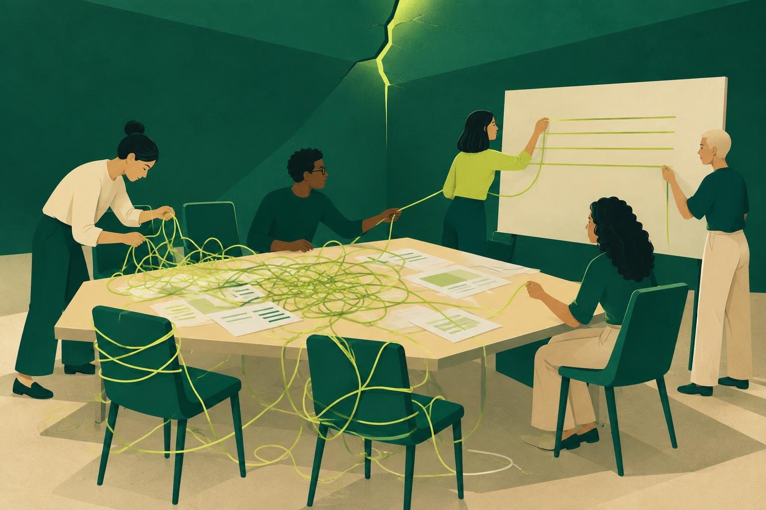 Illustrazione di un team che ordina fili aggrovigliati, mentre una crepa nella struttura sullo sfondo suggerisce un problema organizzativo.