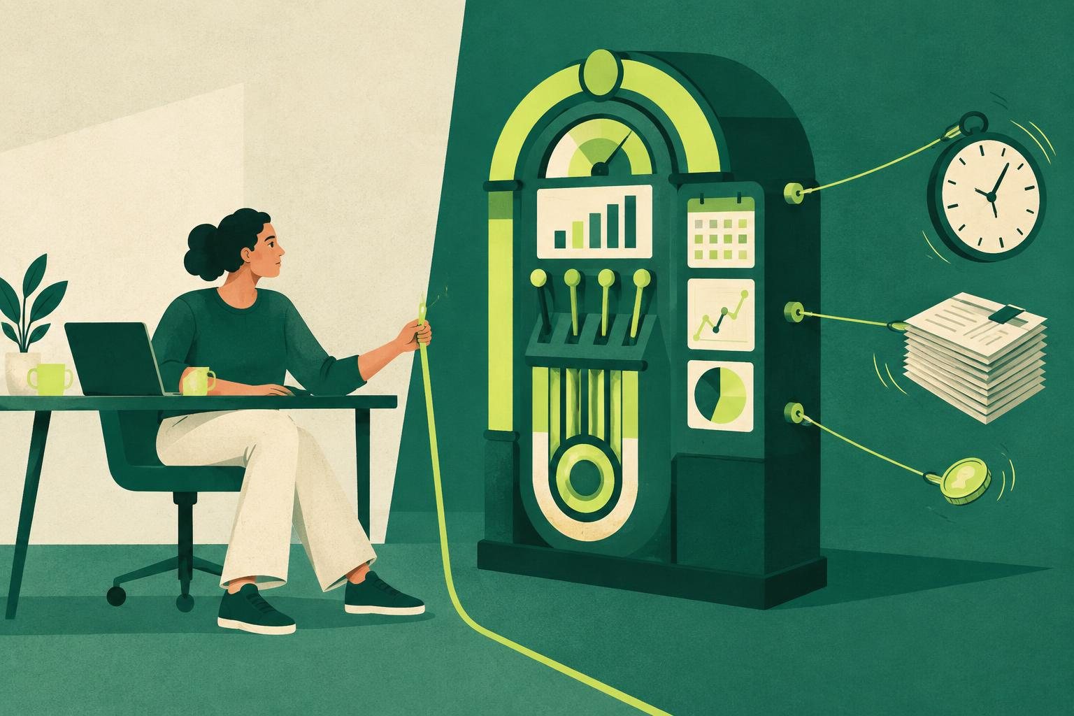 Illustrazione di una lavoratrice che traccia un confine tra il proprio tempo e una macchina aziendale astratta simile a un jukebox.