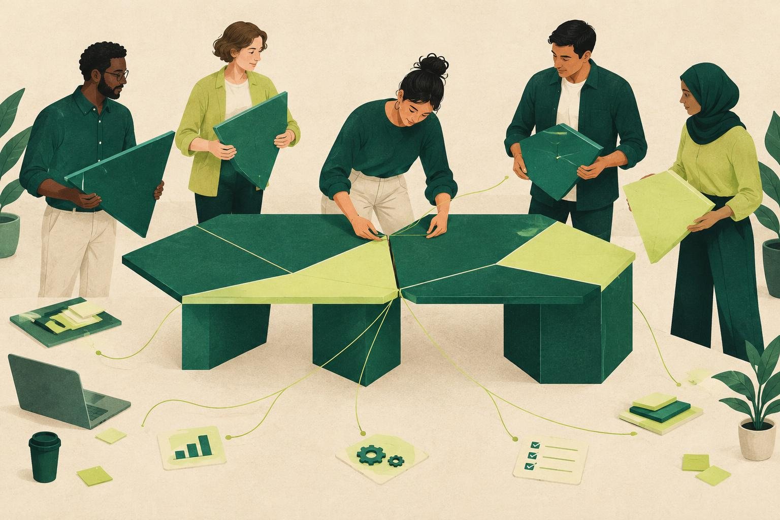 Illustrazione di una persona che coordina alcuni collegamenti tra colleghi senza sostenere da sola l'intera struttura del team.