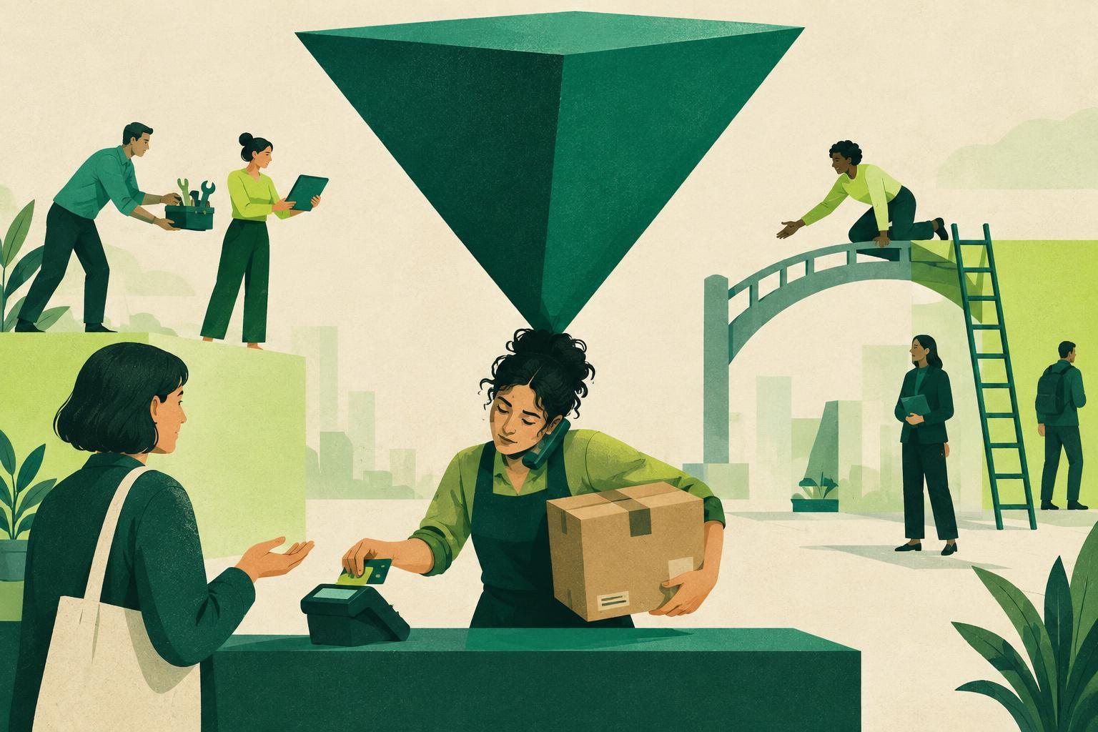 Illustrazione di una lavoratrice sotto una piramide rovesciata, tra cliente e strumenti organizzativi.